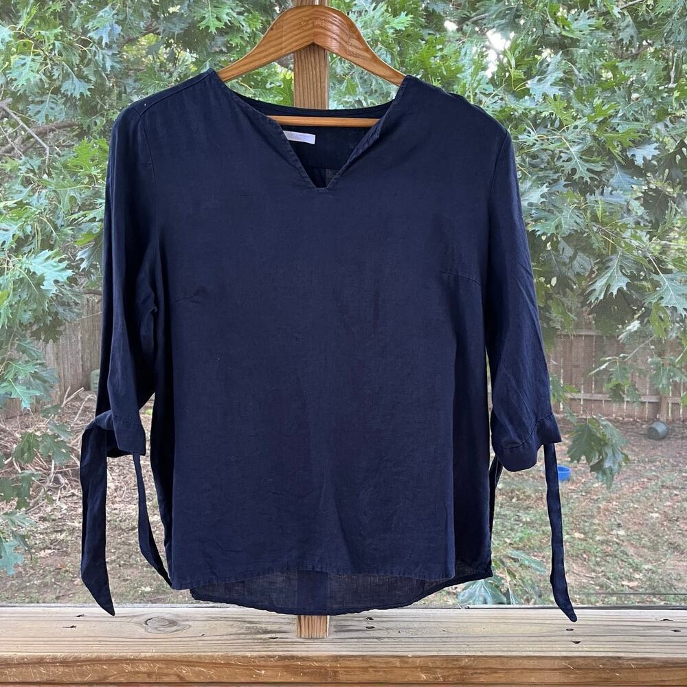 Claire Woman 100% Linen Dark Navy V-Neck Tie Sleeve Top Size M